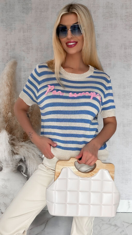 Oryginalny sweter z krótkim rękawem w niebieskie paski ONE SIZE - R847