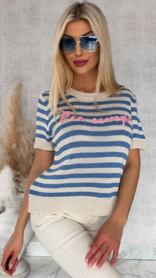 Oryginalny sweter z krótkim rękawem w niebieskie paski ONE SIZE - R847