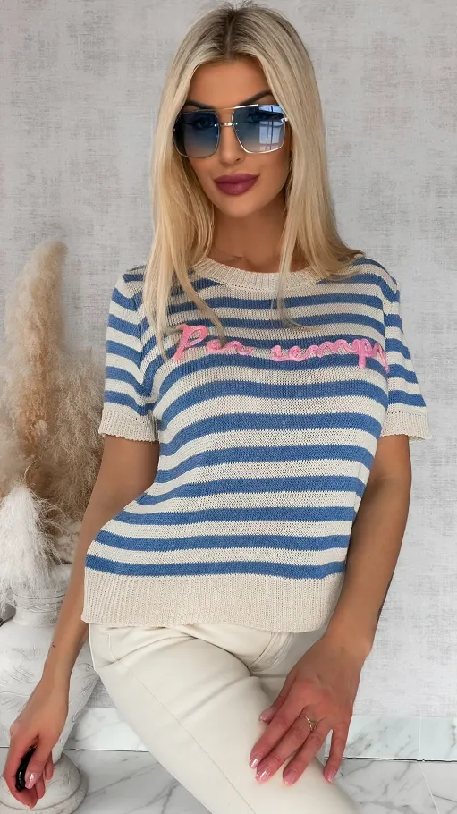 Oryginalny sweter z krótkim rękawem w niebieskie paski ONE SIZE - R847