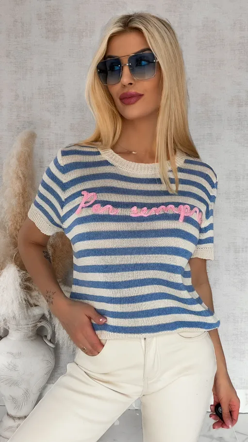 Oryginalny sweter z krótkim rękawem w niebieskie paski ONE SIZE - R847