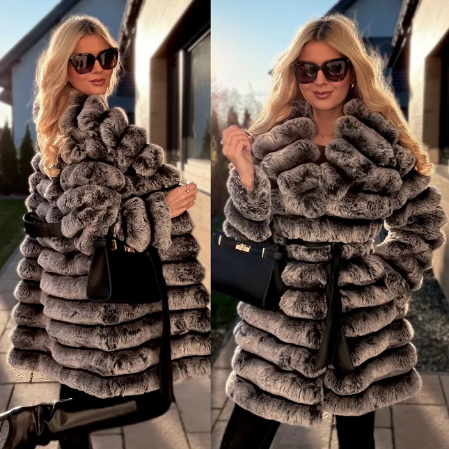 Ekskluzywne mięciutkie futerko golone w pasy DUO szare - R213B