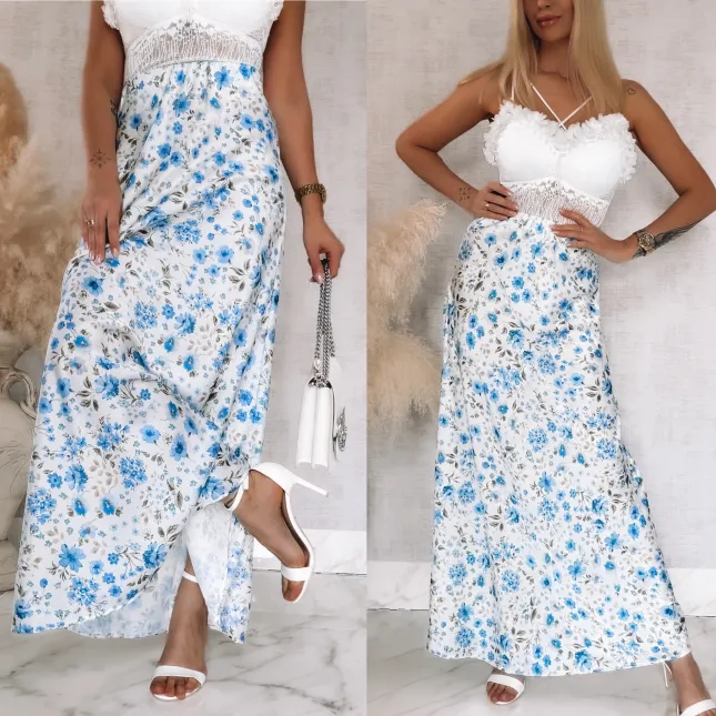 Długa spódnica w niebieski kwiatuszki ONE SIZE - R832