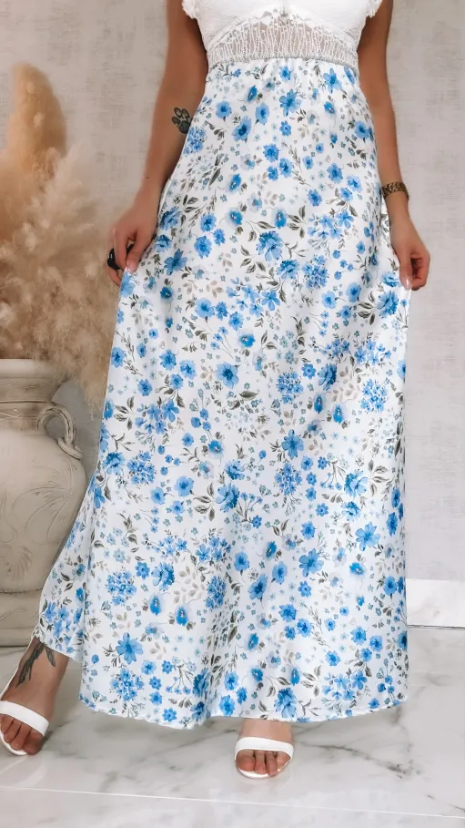 Długa spódnica w niebieski kwiatuszki ONE SIZE - R832