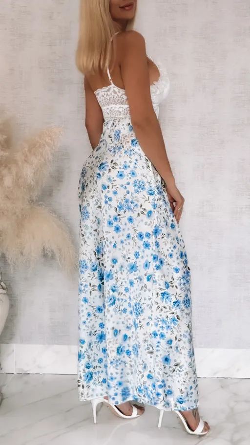 Długa spódnica w niebieski kwiatuszki ONE SIZE - R832