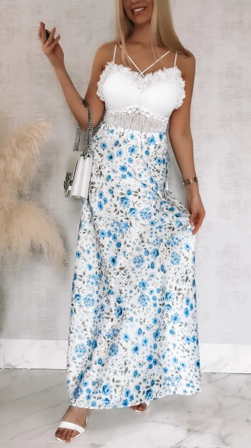 Długa spódnica w niebieski kwiatuszki ONE SIZE - R832