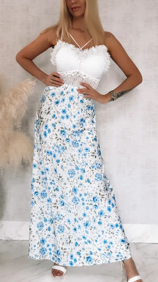Długa spódnica w niebieski kwiatuszki ONE SIZE - R832