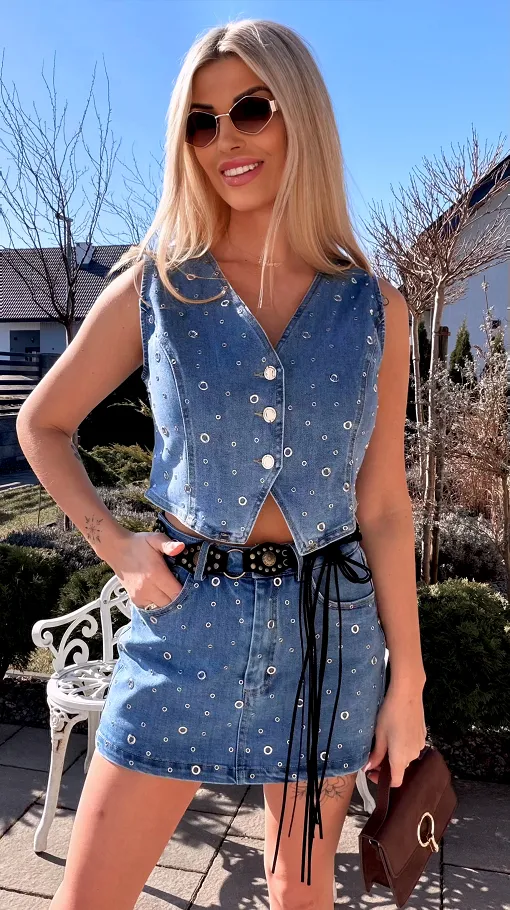 Wyjątkowy elastyczny komplet jeansowy kamizelka + spódnico-spodenki BLUE JEANS - R802
