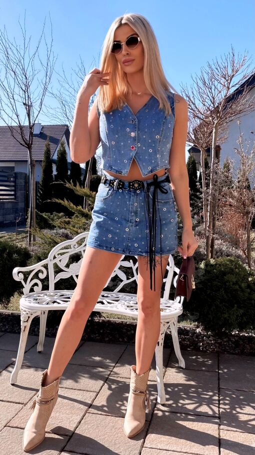 Wyjątkowy elastyczny komplet jeansowy kamizelka + spódnico-spodenki BLUE JEANS - R802