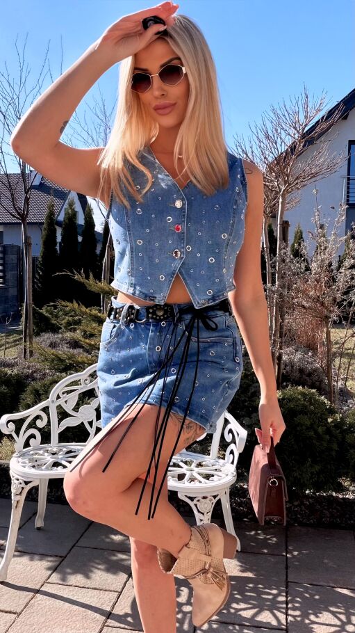 Wyjątkowy elastyczny komplet jeansowy kamizelka + spódnico-spodenki BLUE JEANS - R802