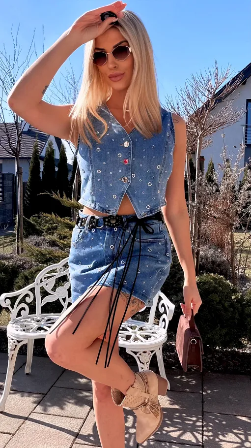 Wyjątkowy elastyczny komplet jeansowy kamizelka + spódnico-spodenki BLUE JEANS - R802