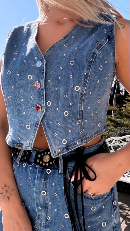 Wyjątkowy elastyczny komplet jeansowy kamizelka + spódnico-spodenki BLUE JEANS - R802