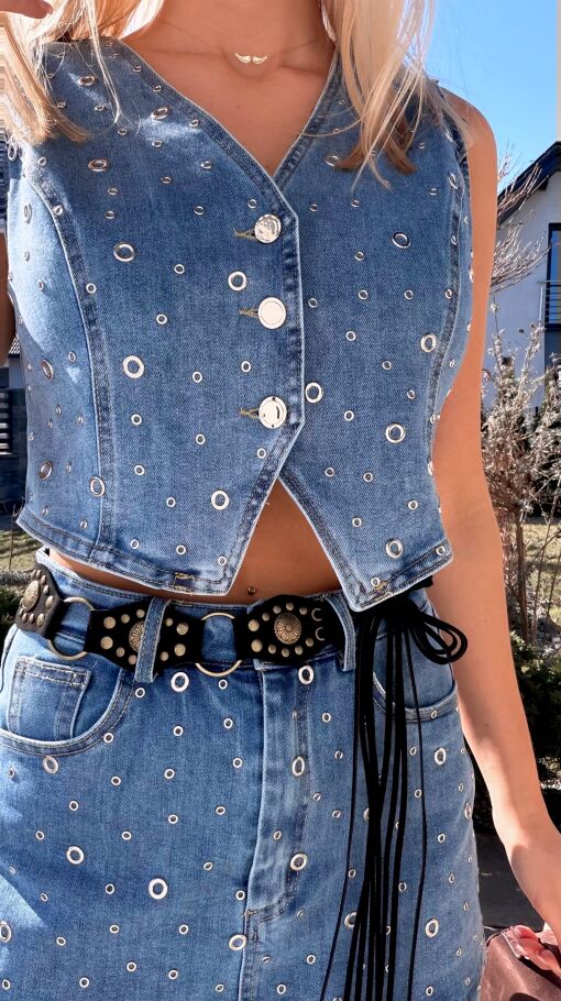 Wyjątkowy elastyczny komplet jeansowy kamizelka + spódnico-spodenki BLUE JEANS - R802