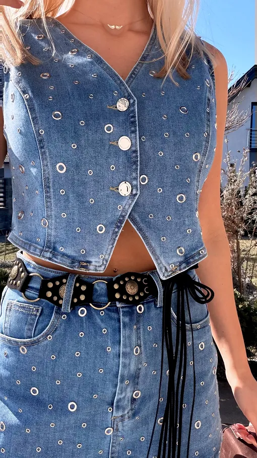 Wyjątkowy elastyczny komplet jeansowy kamizelka + spódnico-spodenki BLUE JEANS - R802