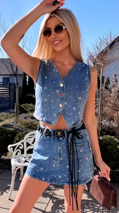 Wyjątkowy elastyczny komplet jeansowy kamizelka + spódnico-spodenki BLUE JEANS - R802