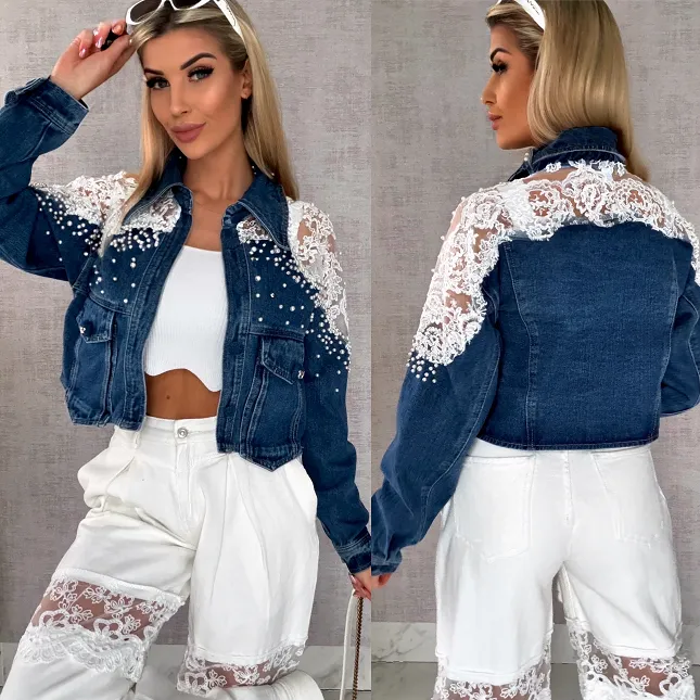 Ekskluzywna kurtka jeansowa KATANA z koronką i perełkami - R620