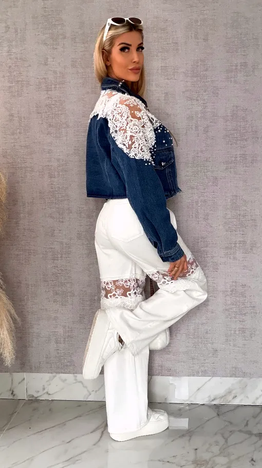 Ekskluzywna kurtka jeansowa KATANA z koronką i perełkami - R620
