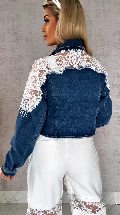 Ekskluzywna kurtka jeansowa KATANA z koronką i perełkami - R620
