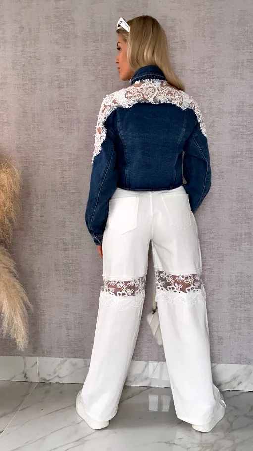 Ekskluzywna kurtka jeansowa KATANA z koronką i perełkami - R620