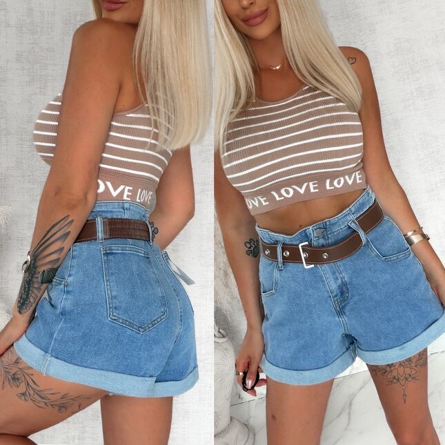 Oryginalne elastyczne szorty jeansowe z brązowym paskiem BLUE JEANS - S078