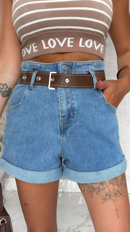 Oryginalne elastyczne szorty jeansowe z brązowym paskiem BLUE JEANS - S078