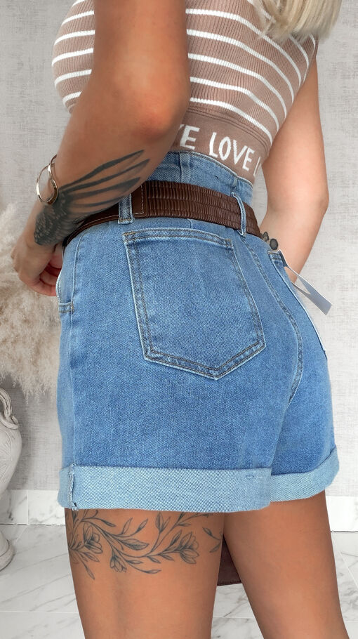 Oryginalne elastyczne szorty jeansowe z brązowym paskiem BLUE JEANS - S078