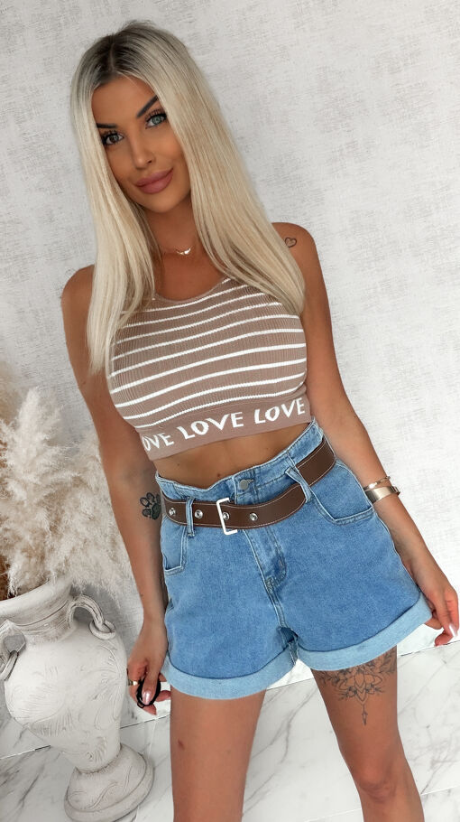 Oryginalne elastyczne szorty jeansowe z brązowym paskiem BLUE JEANS - S078
