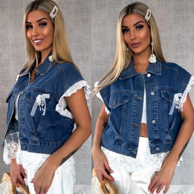 Fantastyczna kamizelka jeansowa z białą koronką ONE SIZE - R596