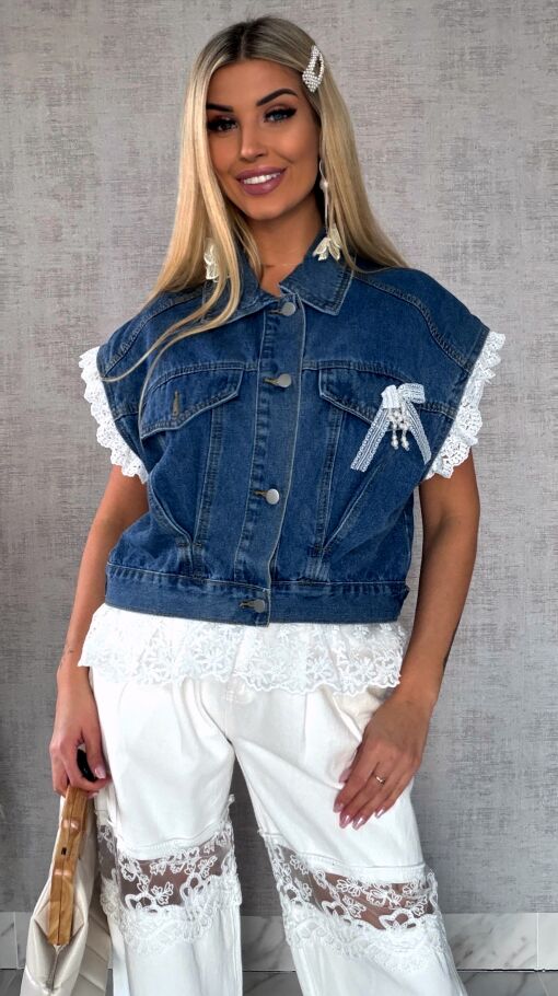Fantastyczna kamizelka jeansowa z białą koronką ONE SIZE - R596