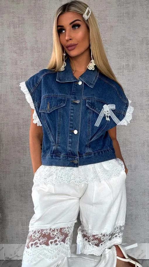 Fantastyczna kamizelka jeansowa z białą koronką ONE SIZE - R596
