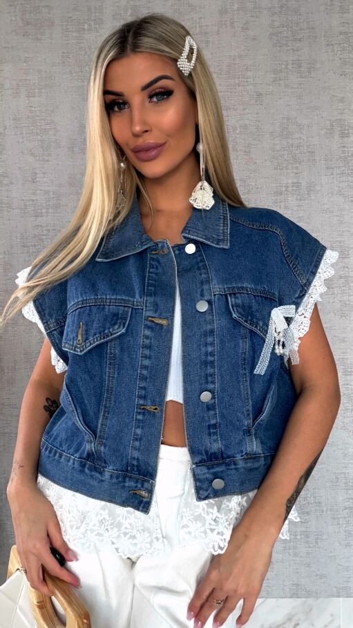 Fantastyczna kamizelka jeansowa z białą koronką ONE SIZE - R596