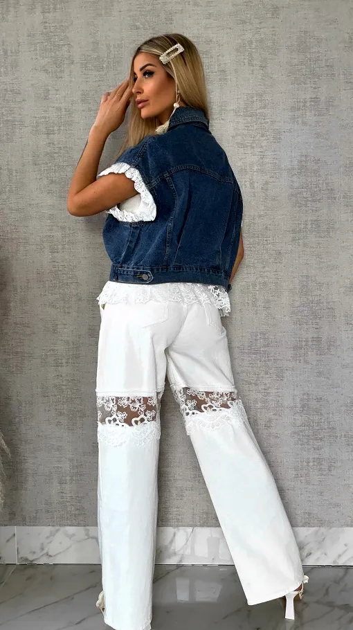 Fantastyczna kamizelka jeansowa z białą koronką ONE SIZE - R596