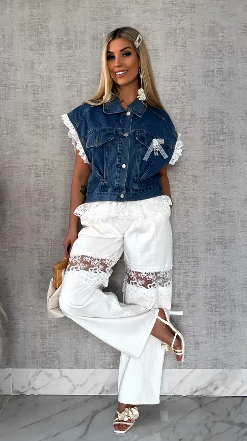 Fantastyczna kamizelka jeansowa z białą koronką ONE SIZE - R596