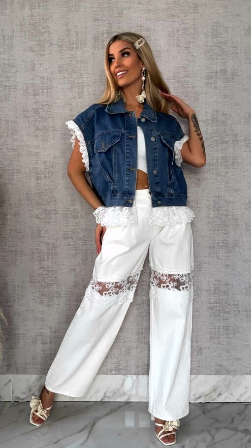 Fantastyczna kamizelka jeansowa z białą koronką ONE SIZE - R596