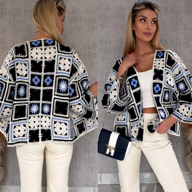 Krótki szydełkowy kardigan ONE SIZE blue - R750A