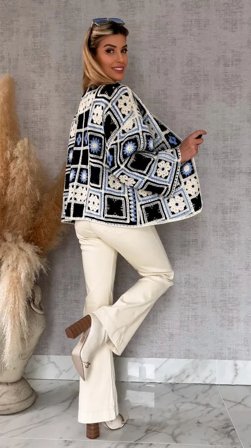 Krótki szydełkowy kardigan ONE SIZE blue - R750A