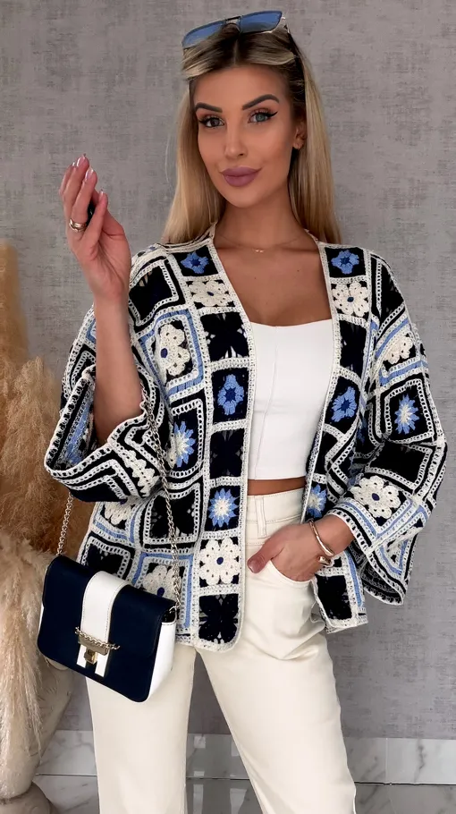 Krótki szydełkowy kardigan ONE SIZE blue - R750A