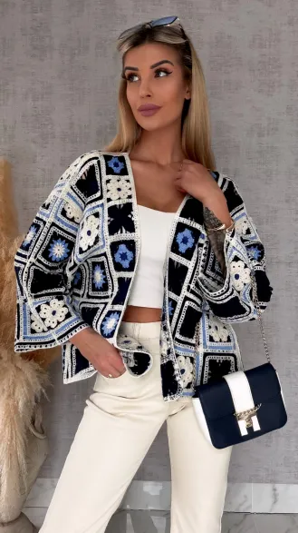 Krótki szydełkowy kardigan ONE SIZE blue - R750A