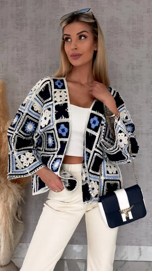 Krótki szydełkowy kardigan ONE SIZE blue - R750A