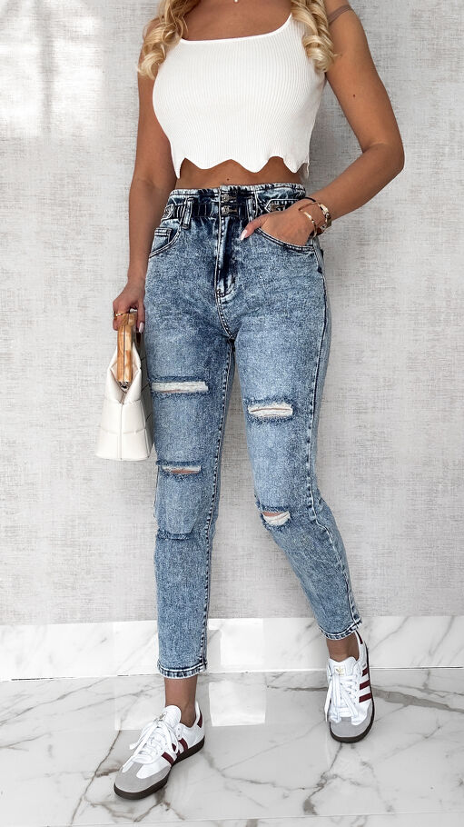 Elastyczne spodnie jeansowe z gumką w pasie BLUE JEANS - P567