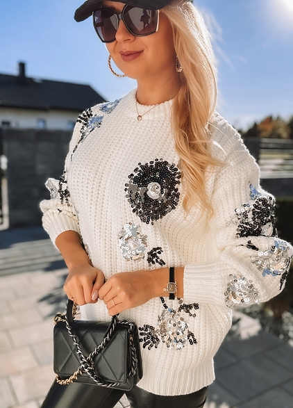 Modny sweter srebrne cekiny BIAŁY - L202A