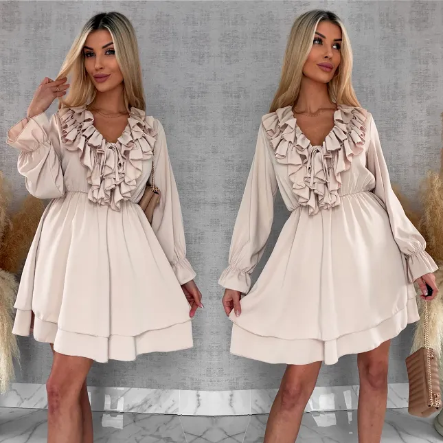 Gładka wiosenna sukienka z ładnym dekoltem ONE SIZE beżowa - R563