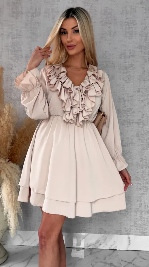 Gładka wiosenna sukienka z ładnym dekoltem ONE SIZE beżowa - R563