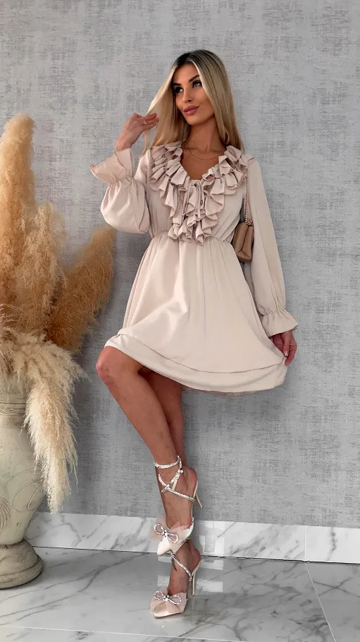 Gładka wiosenna sukienka z ładnym dekoltem ONE SIZE beżowa - R563