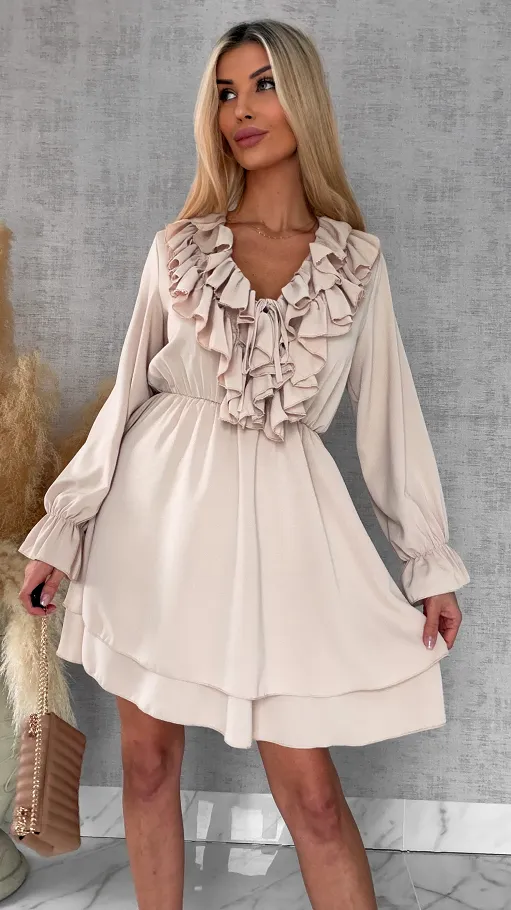 Gładka wiosenna sukienka z ładnym dekoltem ONE SIZE beżowa - R563