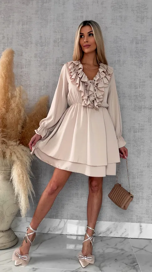 Gładka wiosenna sukienka z ładnym dekoltem ONE SIZE beżowa - R563