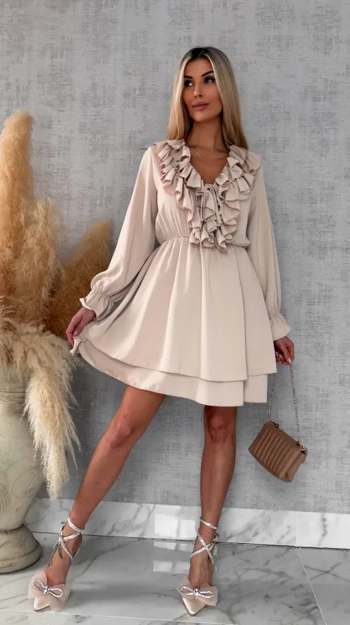 Gładka wiosenna sukienka z ładnym dekoltem ONE SIZE beżowa - R563