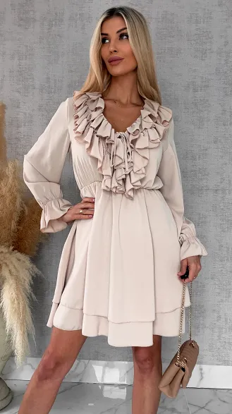 Gładka wiosenna sukienka z ładnym dekoltem ONE SIZE beżowa - R563