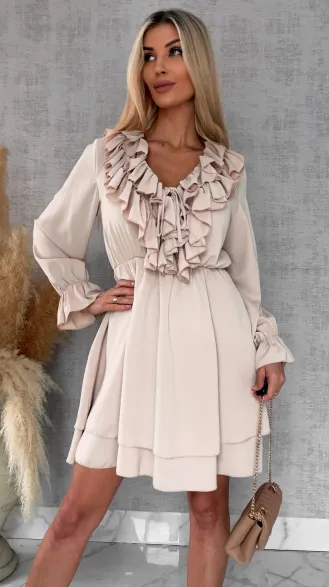 Gładka wiosenna sukienka z ładnym dekoltem ONE SIZE beżowa - R563