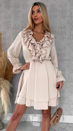 Gładka wiosenna sukienka z ładnym dekoltem ONE SIZE beżowa - R563