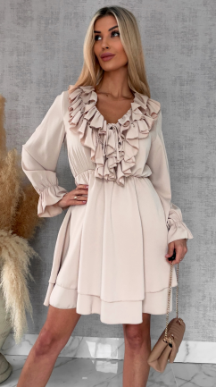 Gładka wiosenna sukienka z ładnym dekoltem ONE SIZE beżowa - R563